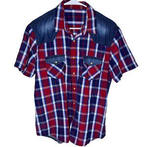 Vintage 90s Red & Blue Plaid Short Sleeve Denim Western Shirt, Rockabilly, Large